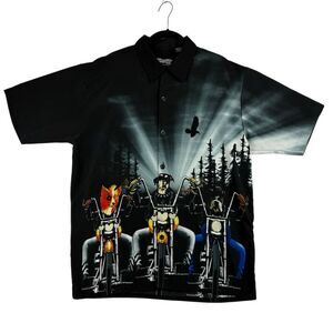 Y2K Dragonfly Men's Short Sleeve Button-Up Shirt Biker Dogs Design M Rockabilly